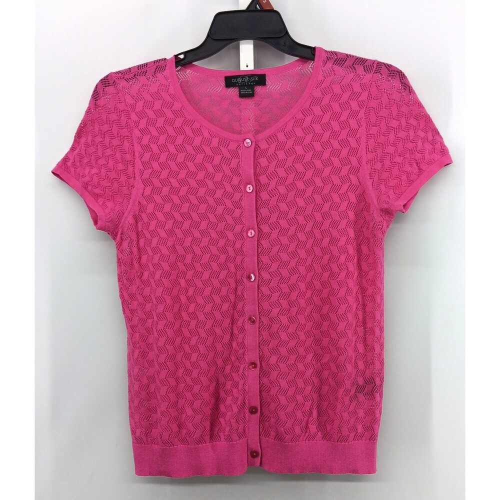 August Silk Blouse Womens Large Pink Perforated Short Sleeve Casual Button Up - Picture 1 of 6